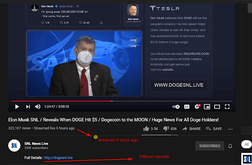 Dogecoin scam on YouTube. Source: TechStory